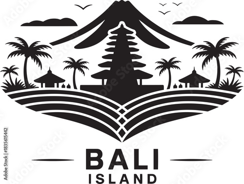 Bali island tourism vector silhouette stamp featuring traditional pura temple tropical palm trees and volcano.