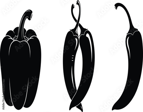 Set of Black Pepper Silhouette Vector Hot Chili and Bell