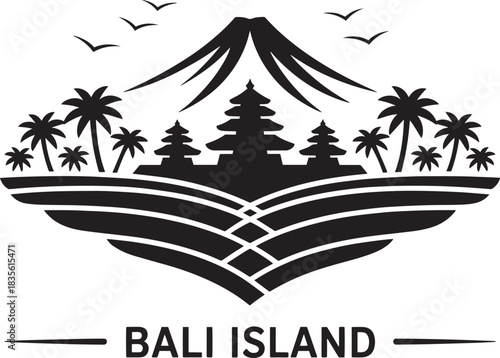 Bali island travel destination silhouette graphic featuring traditional temple rice fields and mountain view.