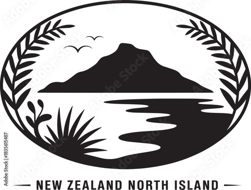 Black silhouette of mountain with reflection in water surrounded by plants new zealand north island