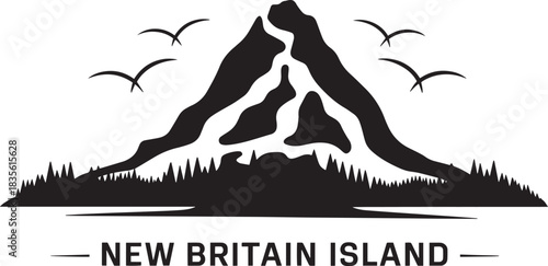 New britain island travel vector silhouette volcanic mountain landscape with forest base and flying birds graphic