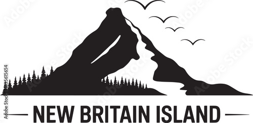 New britain island vector silhouette landscape with sharp peak mountain forest trees and birds flying emblem design
