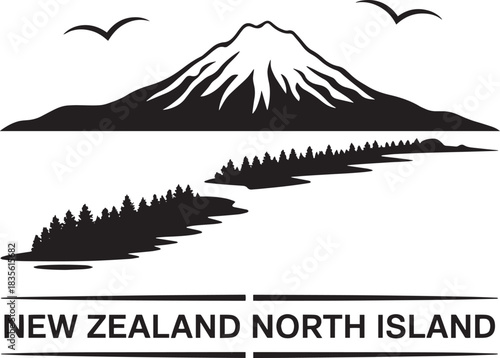 New zealand north island vector illustration black volcanic mountain and lake landscape