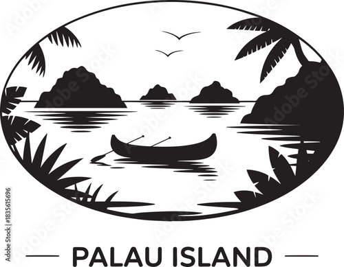 Palau island travel destination vector silhouette stamp featuring rock islands palm trees and canoe paddling.