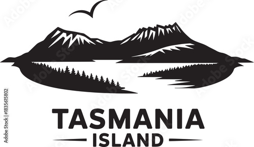 Tasmania island mountain landscape silhouette design with water and pine trees outdoor scene