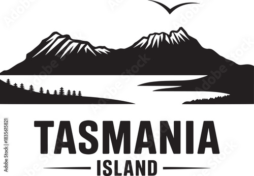 Tasmania island mountain range silhouette design water surface and pine forest background