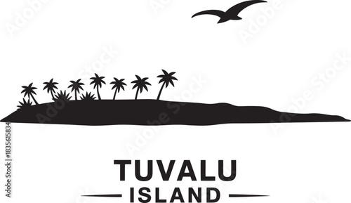 Tuvalu island black silhouette landscape with tropical palm trees and flying bird over ocean water
