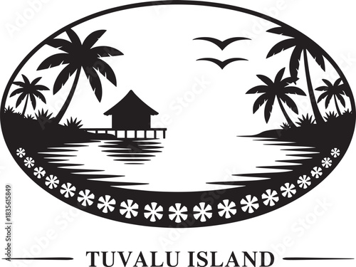 Tuvalu island scenic lagoon landscape with stilt house palm trees and decorative lower border element vector.