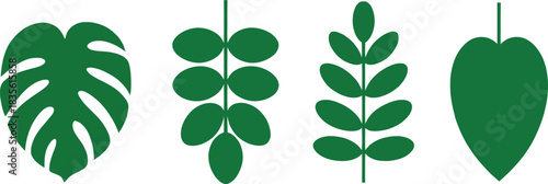 Four green leaf silhouettes isolated on a white background