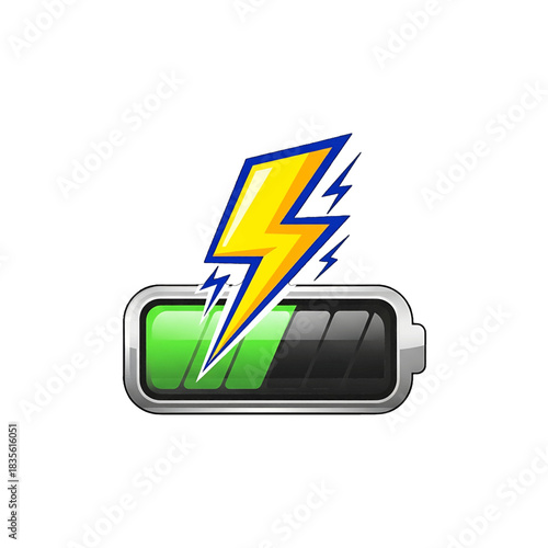 Battery charging icon with a bright yellow lightning bolt symbol, illustrating power, energy, and full charge status, isolated on transparent background.