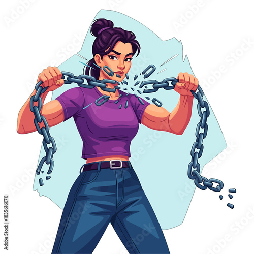 Strong Woman Breaking Metal Chains with Bare Hands, Symbolizing Freedom and Empowerment, Isolated on Transparent Background