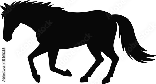 Black silhouette of a horse running on white background