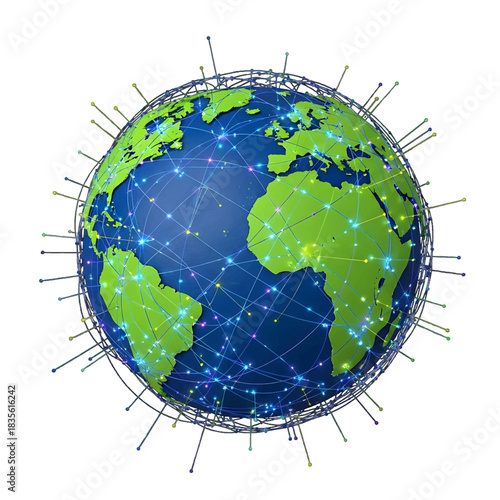 Global communication network on an Earth globe, showing interconnected continents and glowing data points, symbolizing worldwide connectivity, isolated on transparent background.