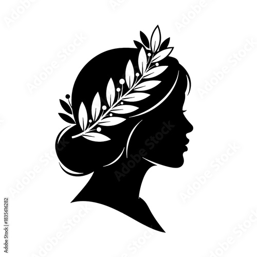 Elegant female profile silhouette with a classical laurel wreath, symbolizing victory, wisdom, and beauty, isolated on transparent background.