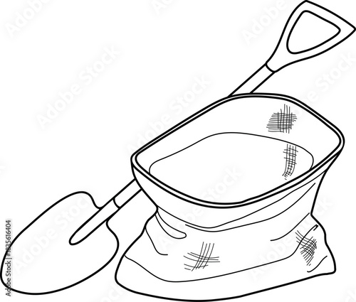 Coloring page with empty sack and shovel isolated on white background