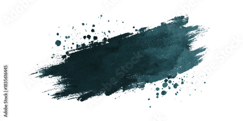 Dark teal abstract paint brush stroke with splatter effect on a white background