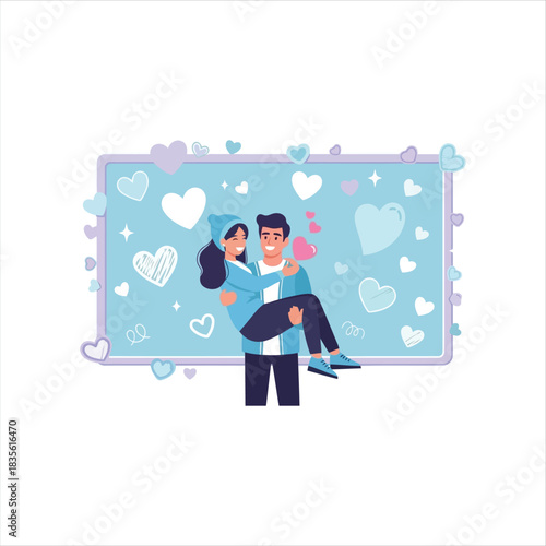 Cute Couple Illustration with Hearts  Romantic Valentine Love Background