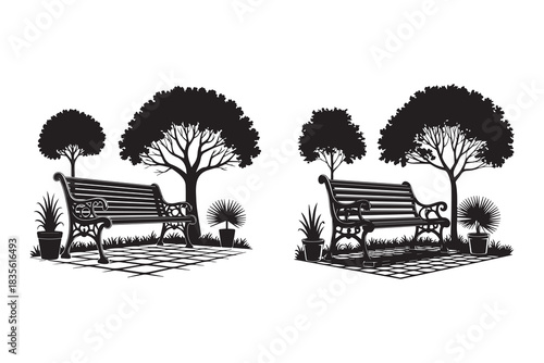 Black and white vector illustration of a peaceful garden scene with decorative benches trees and potted plants