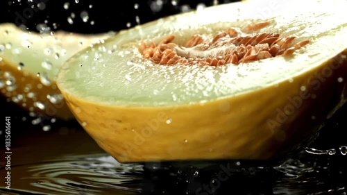Pieces of melon fall on a wet surface. Filmed on a high-speed camera at 1000 fps. High quality FullHD footage