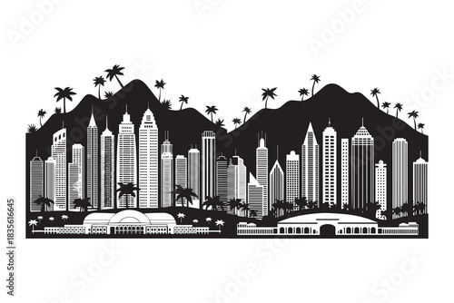 Modern tropical city skyline silhouette with tall skyscrapers mountains and palm trees in striking contrast