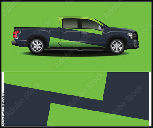 Modern truck wrap design with green and dark gray abstract graphics