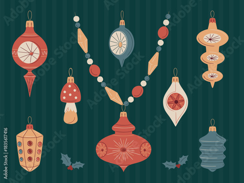 Retro Christmas decoration set in classic mid-century modern style. Playful nostalgic shapes and warm holiday charm on a textured blue backdrop, for greeting cards and timeless graphic design projects