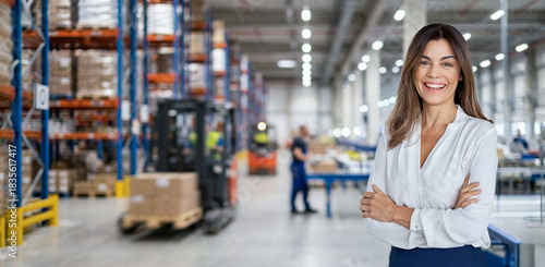 Happy woman warehouse manager standing near cardboard boxes background. Logistic commercial storage retail goods supply. Storehouse distribution, industrial merchandise and delivery. Banner