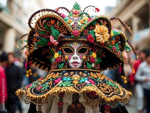 A man wearing a colorful mask and hat is surrounded by a crowd of people