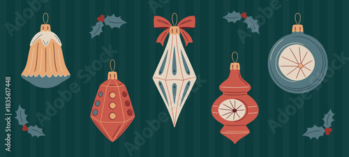 Collection of mid-century Christmas ornaments with vintage 1950s flair. Stylish retro illustrations on a deep blue striped background, for cozy holiday greetings, banners, and festive creative layouts
