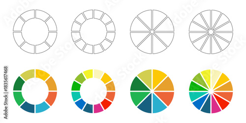 Donut charts. Diagrams infographic multicolored set.  Circle section graph.  Vector graphics