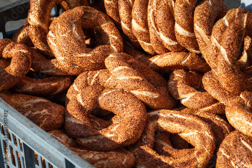 Simit with sesame seeds popular street food in Turkey