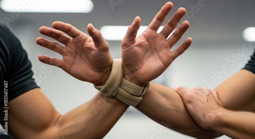 Martial arts defense technique showing restrained hands during self defense training session close up