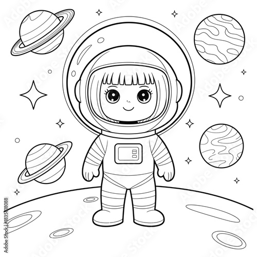 Cute Astronaut Girl Standing on Moon Surrounded by Planets Coloring Page