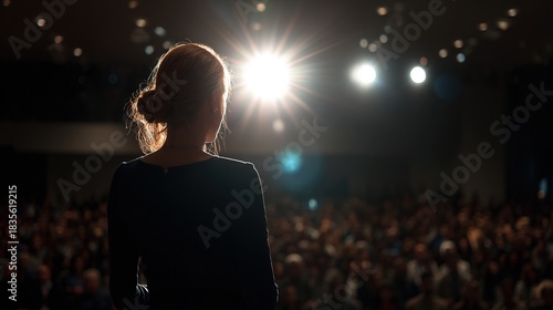 A Glimpse of Insight: A woman stands center stage, bathed in the radiant glow of a spotlight, captivating an audience in a darkened auditorium. Reflecting leadership, confidence.