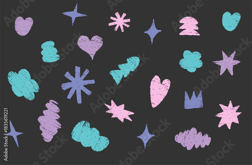 Playful collection of childish shapes drawn with crayon, featuring stars, arrows, circles, squiggles and simple geometric forms. Naive hand-drawn elements in quirky, fun style. Abstract vector