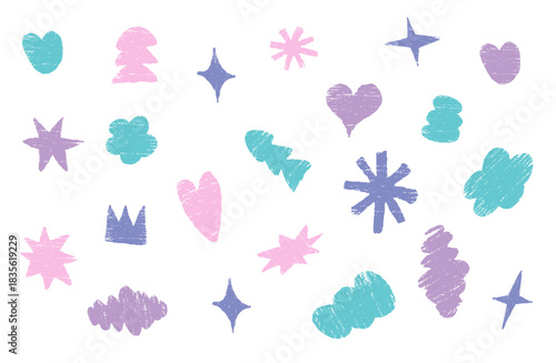 Set of funky crayon icons with childlike geometric shapes, including stars, arrows, circles, lines, abstract squiggles. Naive sketch style with whimsical and bizarre simple forms on white bg, vector