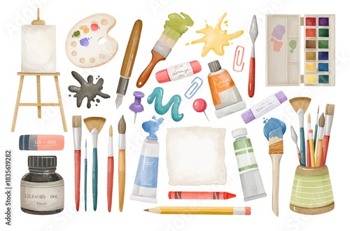  Artist Painting Tools. Watercolor Illustration Set