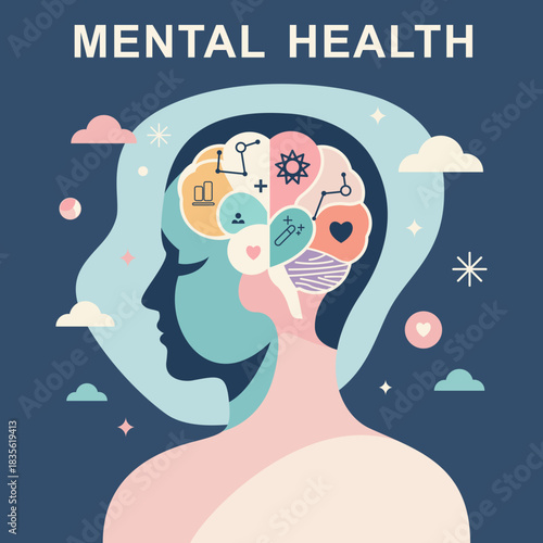 Mental Health, Wellbeing, Psychology, Brain, Human Head, Minimalist, Vector, Flat Design, Pastel Palette, Muted Color, Emotional Health, Self Care, Mindfulness, Balance, Inner Peace, Consciousness, Ab