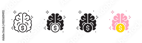 Money thinking icon set. Human brain, sparkle sign. Dollar coin. Black, pink symbol. Mind, intellection, business, finance concept. Editable stroke. Vector illustration. Isolated on a white background