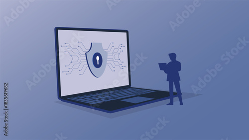 Modern cybersecurity background featuring a laptop with a digital shield icon symbolizing secure data protection encryption privacy and online safety ideal for tech and security designs