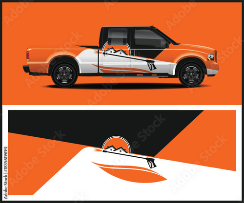 Orange pickup truck with abstract graphics and a stylized mountain scene