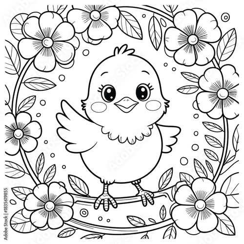Cute cartoon chick surrounded by flowers for coloring book pages