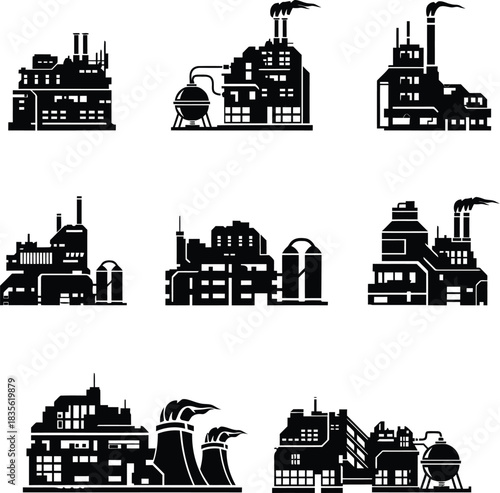 Factory icon set, Power plant industrial icon set . Factory, power plant, oil refinery and oil processing plant industrial icon. Vector illustration !