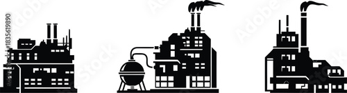 Factory icon set, Power plant industrial icon set . Factory, power plant, oil refinery and oil processing plant industrial icon. Vector illustration !