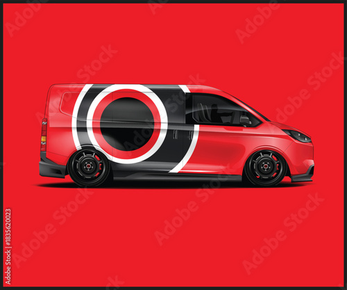 Red van with circular graphic design on a red background
