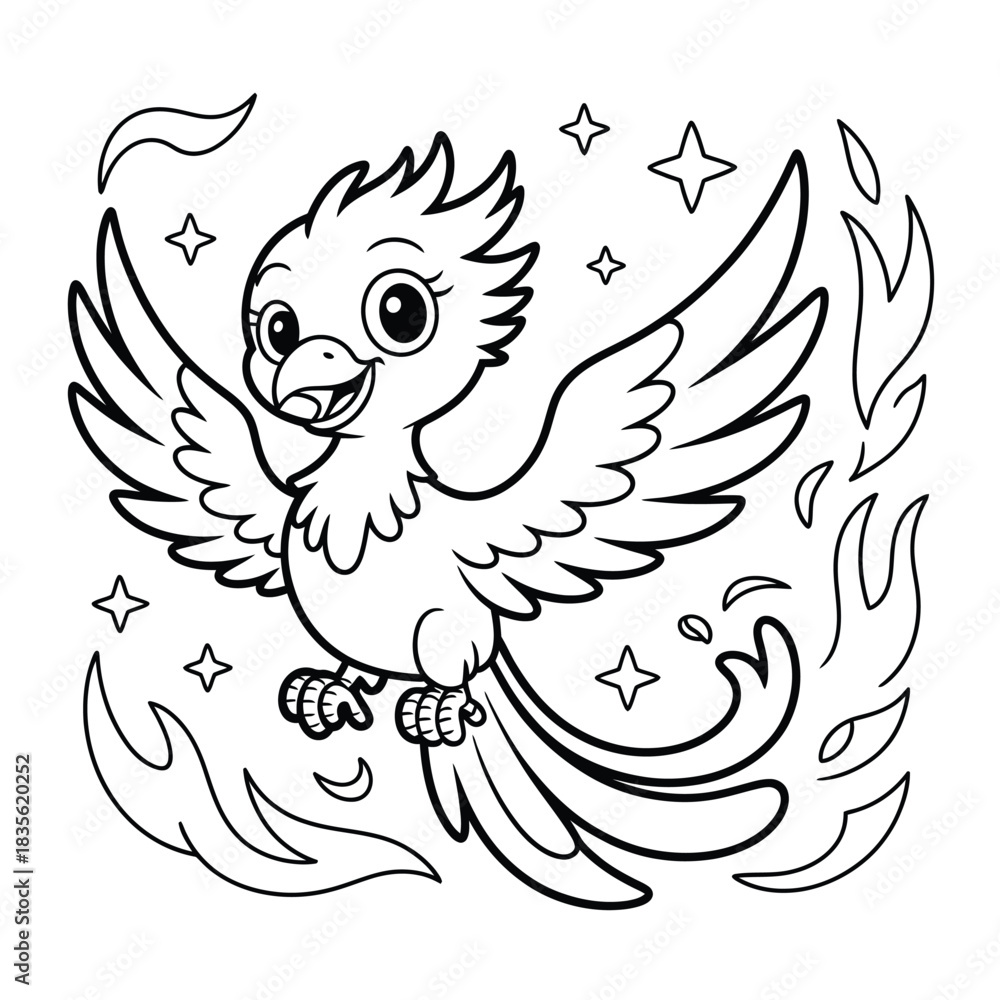 Fototapeta premium Cute cartoon phoenix in flight surrounded by stars and flames