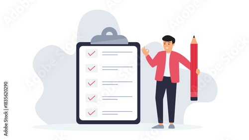 Modern task management illustration showing a man with a pencil beside a large checklist clipboard symbolizing productivity planning organization workflow tracking and efficient work management
