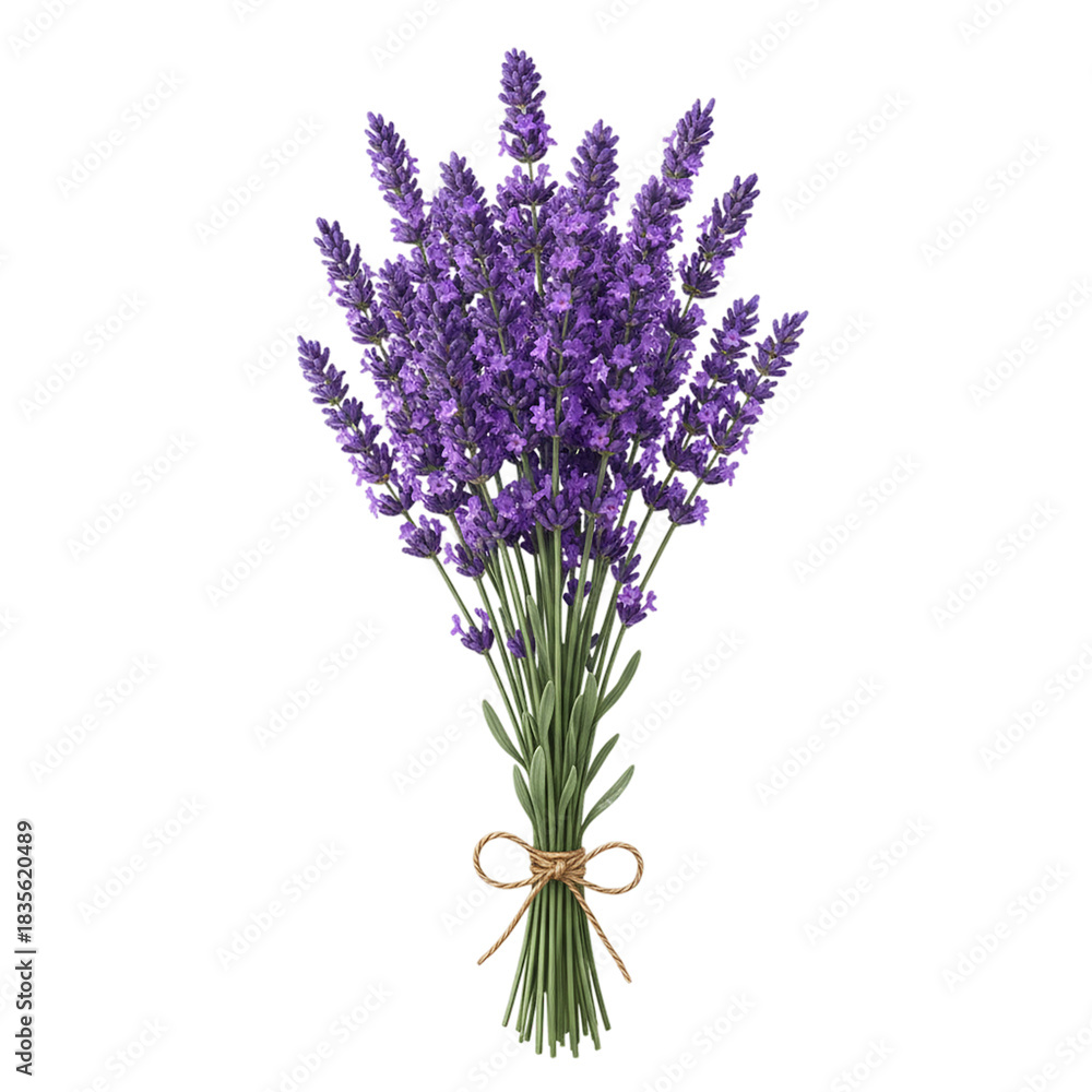 Obraz premium A beautiful bunch of fresh purple lavender flowers tied with a rustic twine bow isolated on transparent background