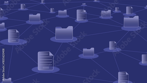 Digital folder network background featuring connected documents and data nodes symbolizing file sharing cloud storage communication information flow and technology driven data management systems