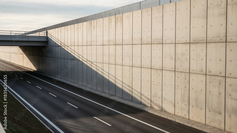 Fototapeta premium Modern highway underpass with a large concrete retaining wall, neutral beige and gray colors, transportation infrastructure landscape